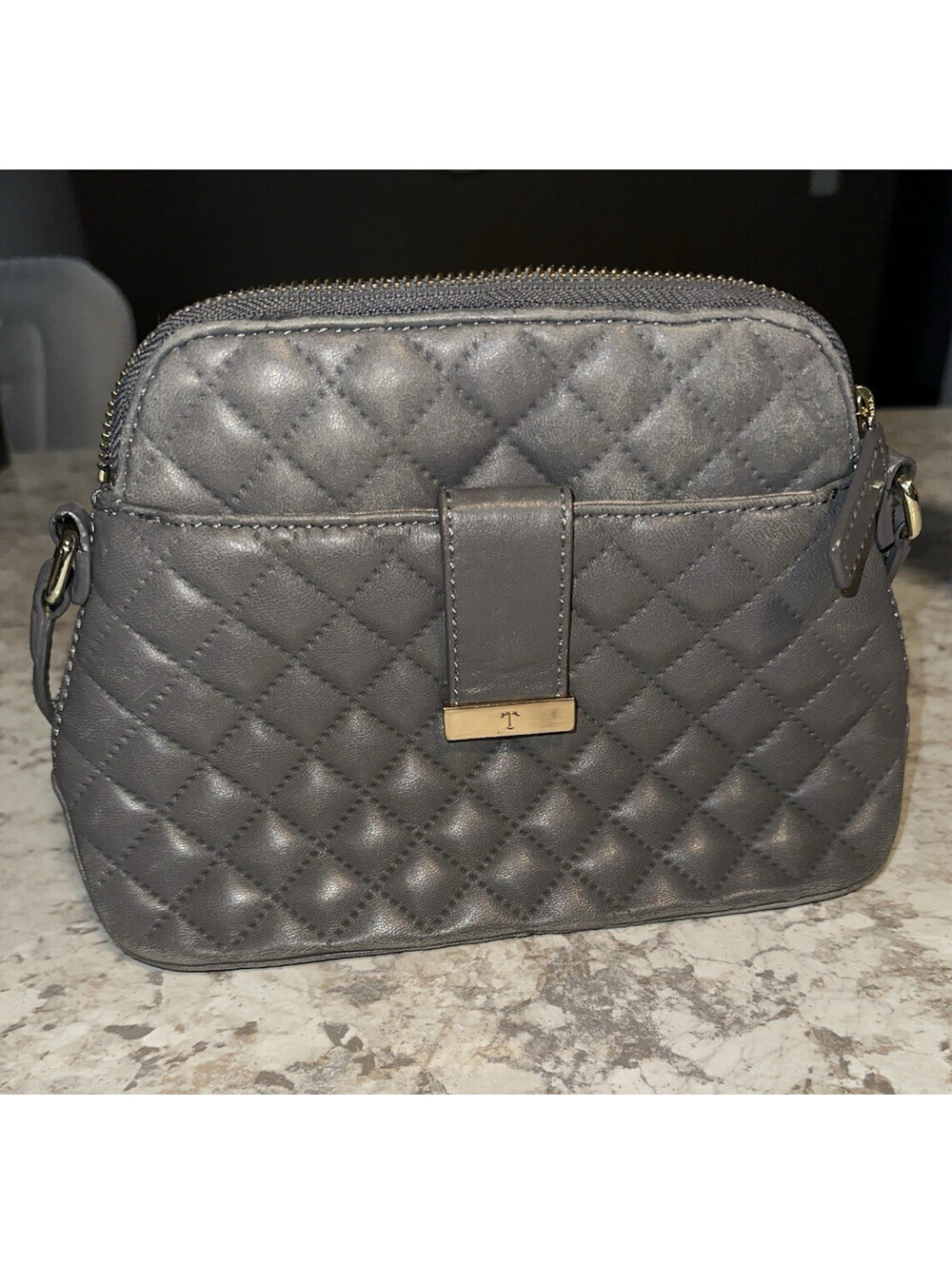 Talbots Gray Quilted Crossbody Bag Zip Closure Lined Inner Pockets Gold